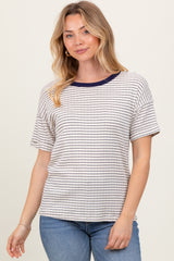 Navy Pointelle Knit Striped Top