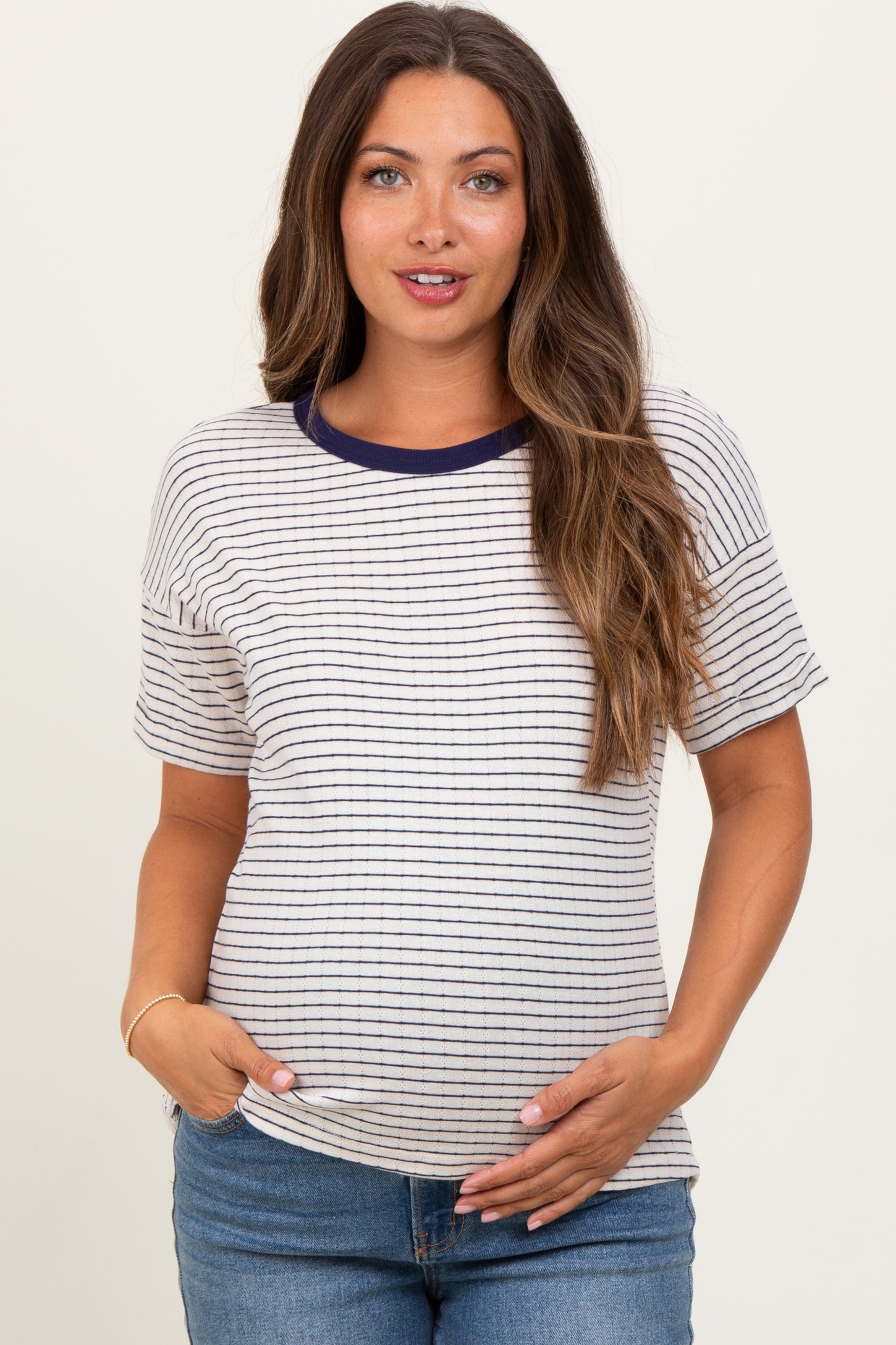 Navy Pointelle Knit Striped Maternity Top