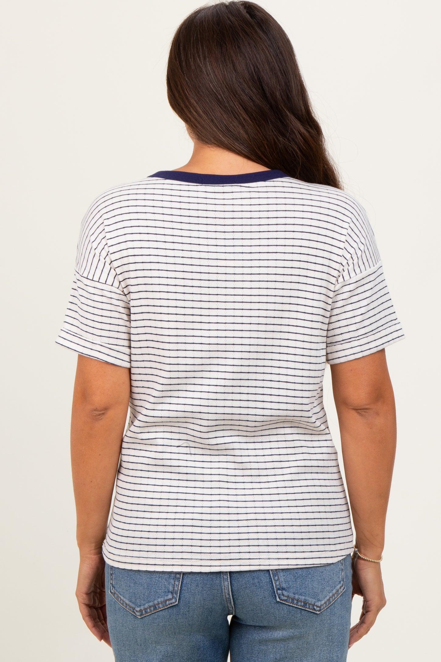 Navy Pointelle Knit Striped Maternity Top