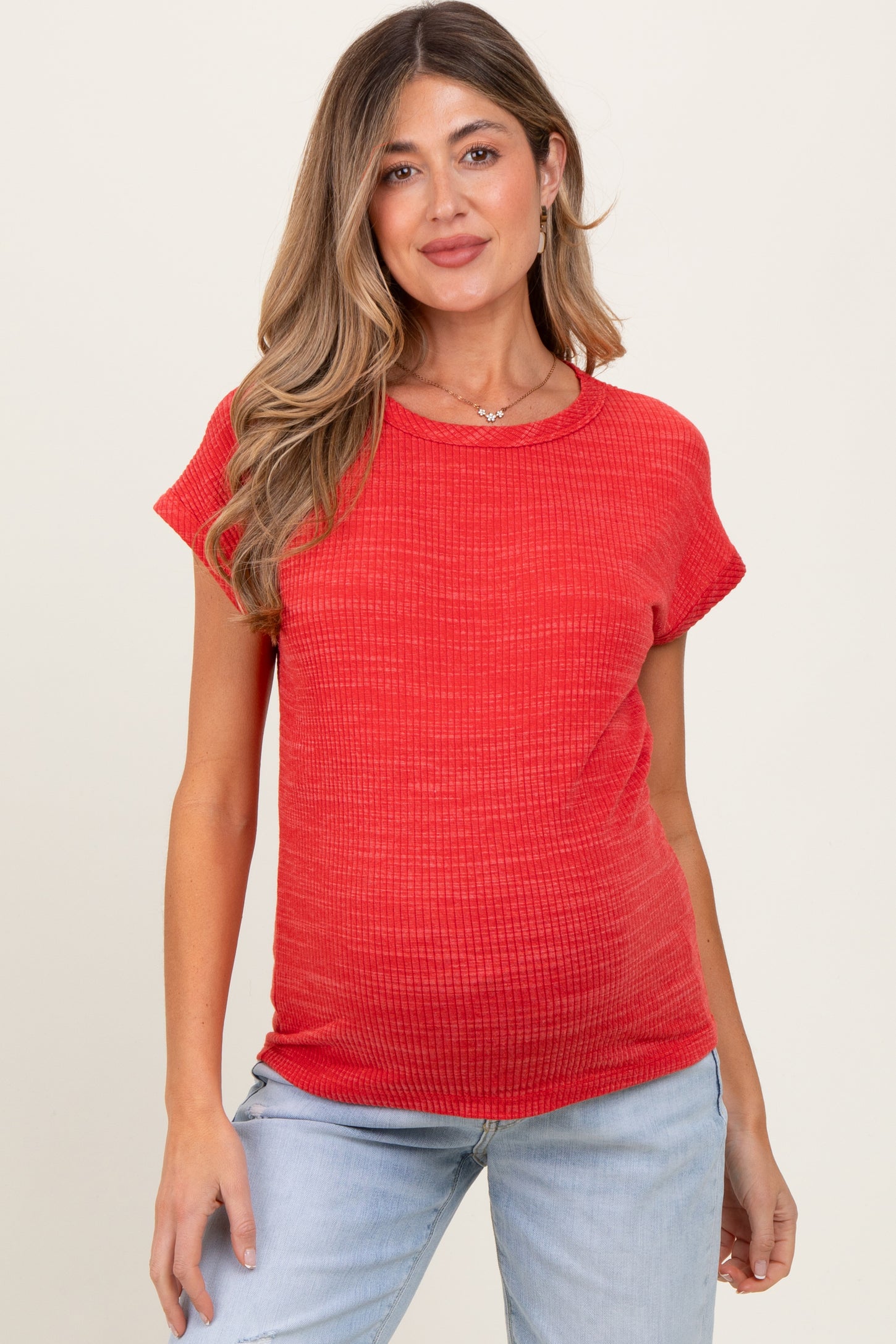 Red Heather Textured Short Sleeve Maternity Top