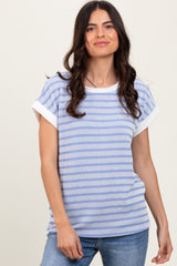 Blue Textured Striped Short Sleeve Top