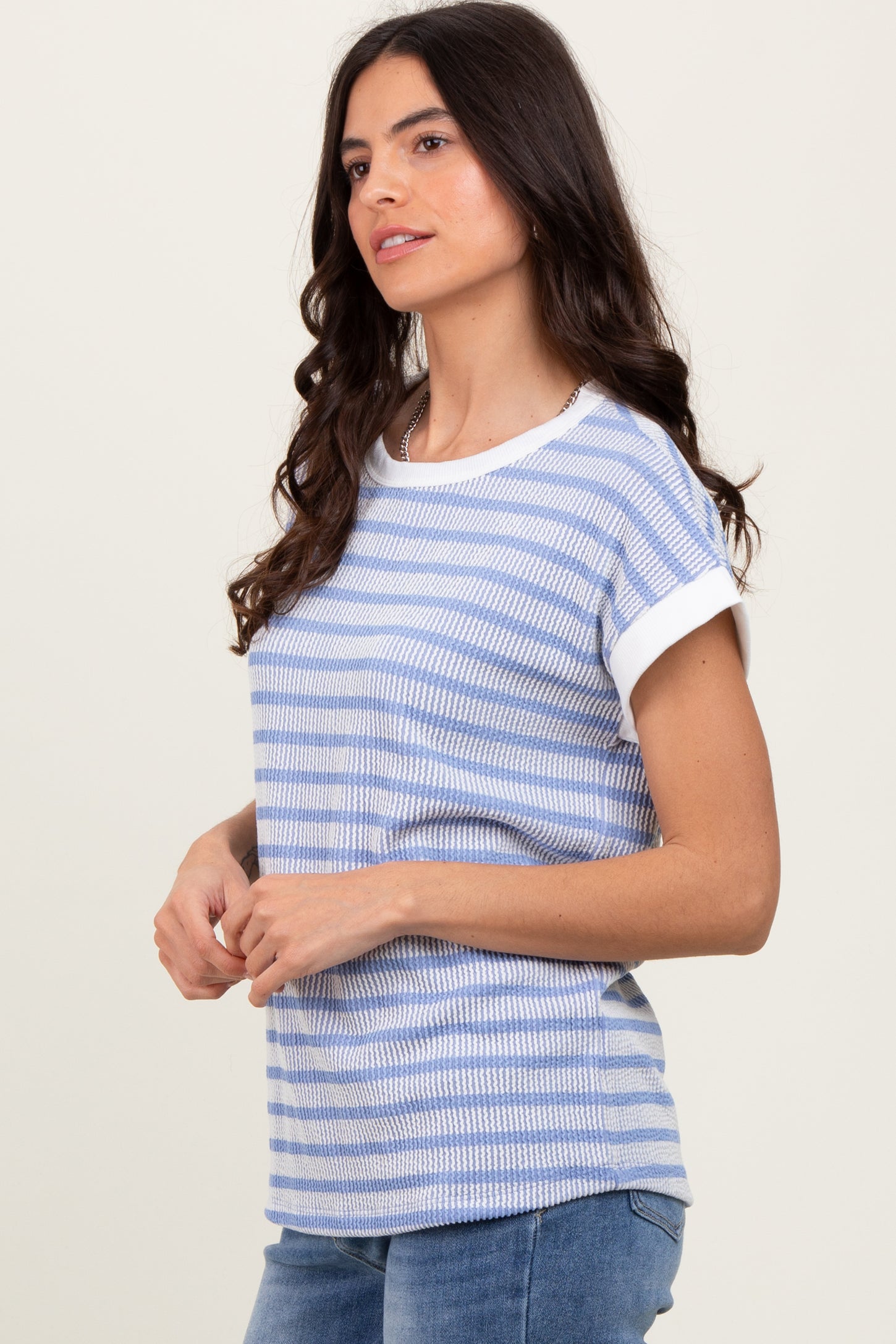 Blue Textured Striped Short Sleeve Top