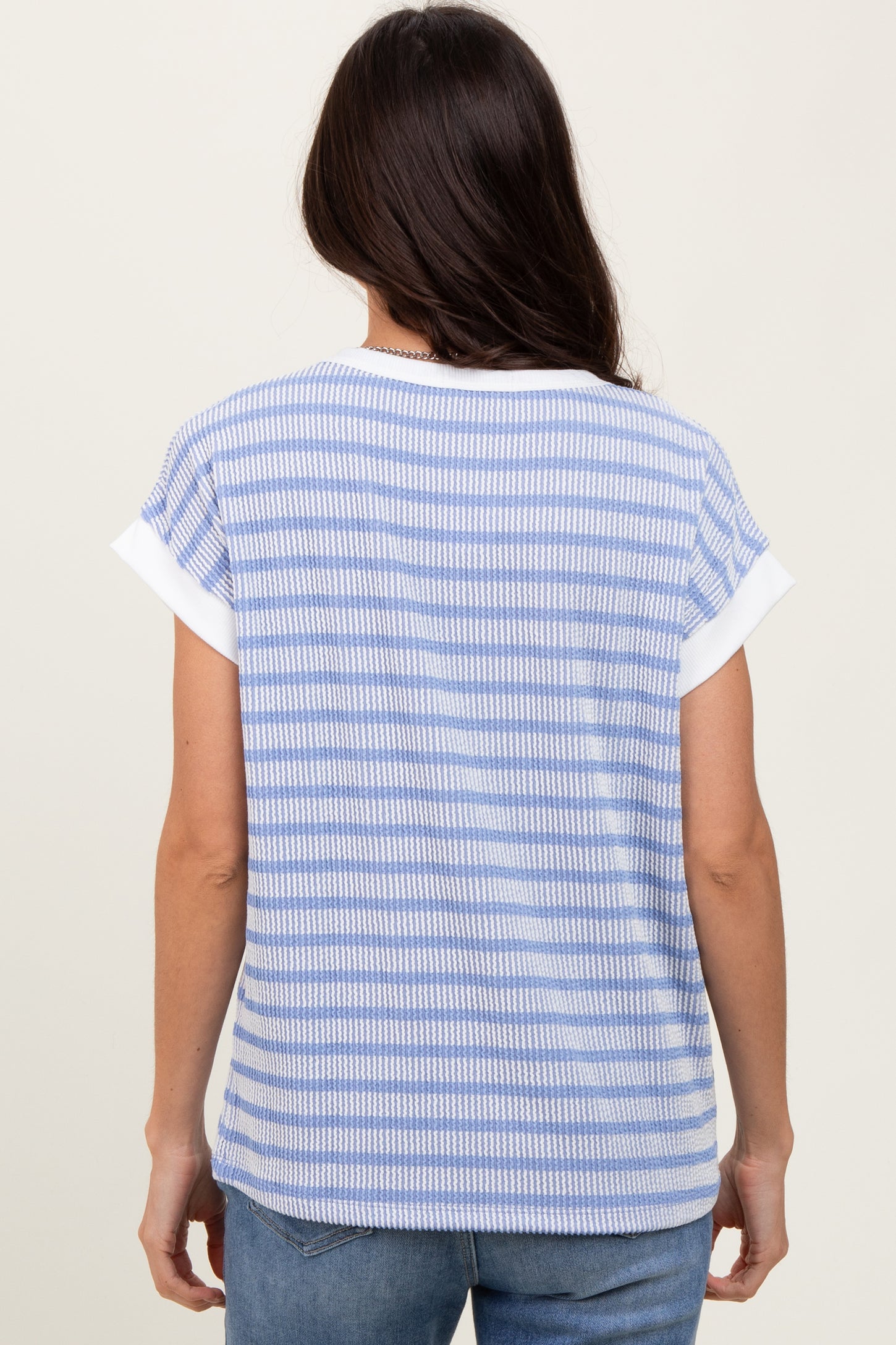 Blue Textured Striped Short Sleeve Top