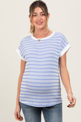 Blue Textured Striped Maternity Short Sleeve Top