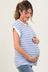 Blue Textured Striped Maternity Short Sleeve Top