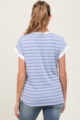 Blue Textured Striped Maternity Short Sleeve Top