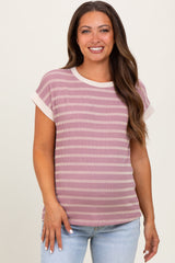 Mauve Textured Striped Maternity Short Sleeve Top