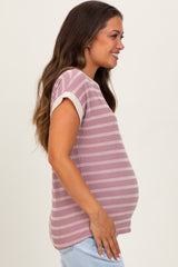 Mauve Textured Striped Maternity Short Sleeve Top