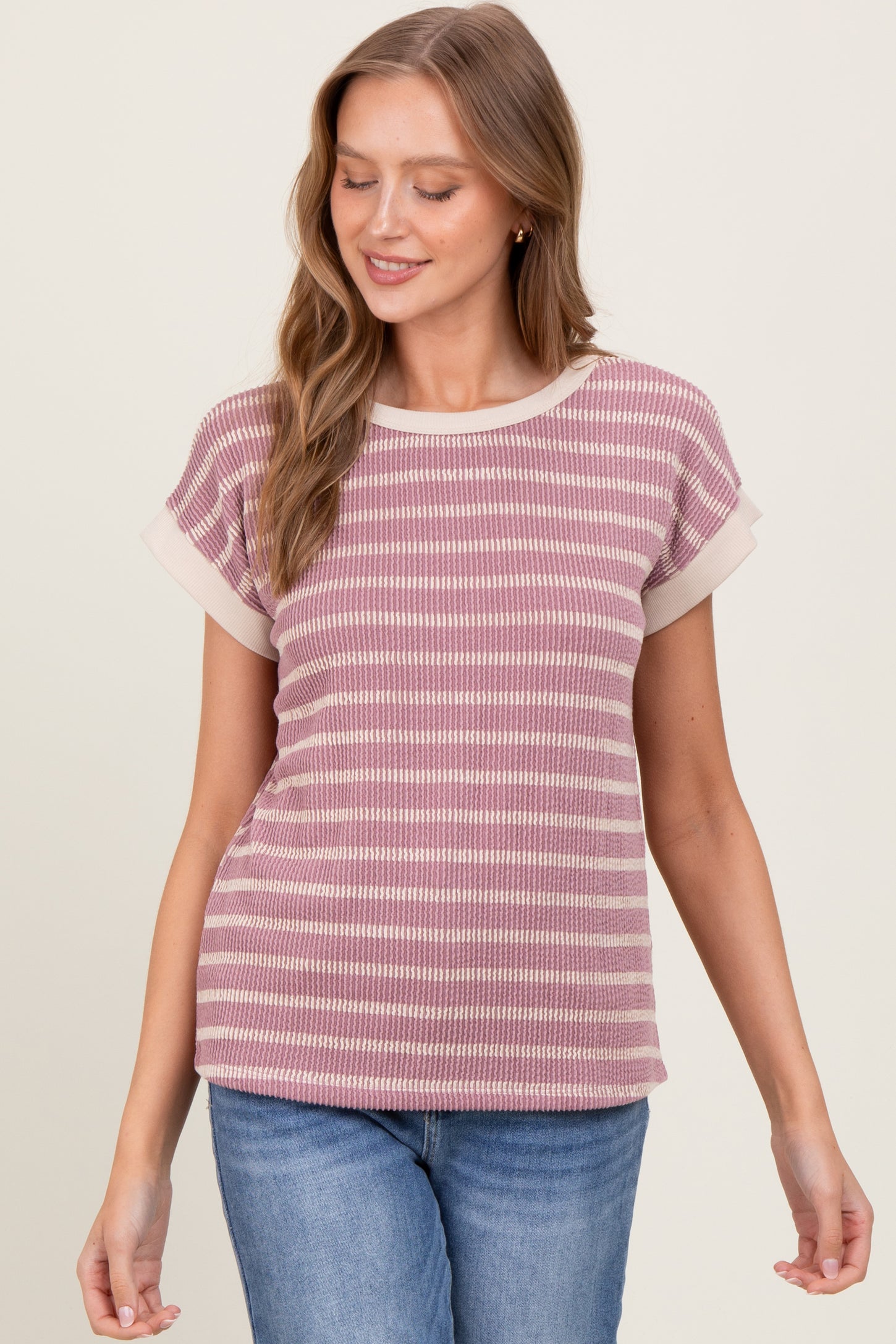 Mauve Textured Striped Maternity Short Sleeve Top