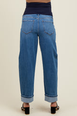 Navy Rolled Cuffed Barrel Leg Maternity Jeans