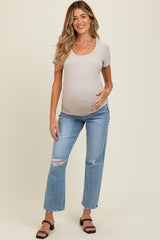 Light Blue Distressed Open Knee Ankle Straight Leg Maternity Jeans
