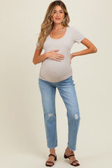 Light Blue Distressed Open Knee Ankle Straight Leg Maternity Jeans