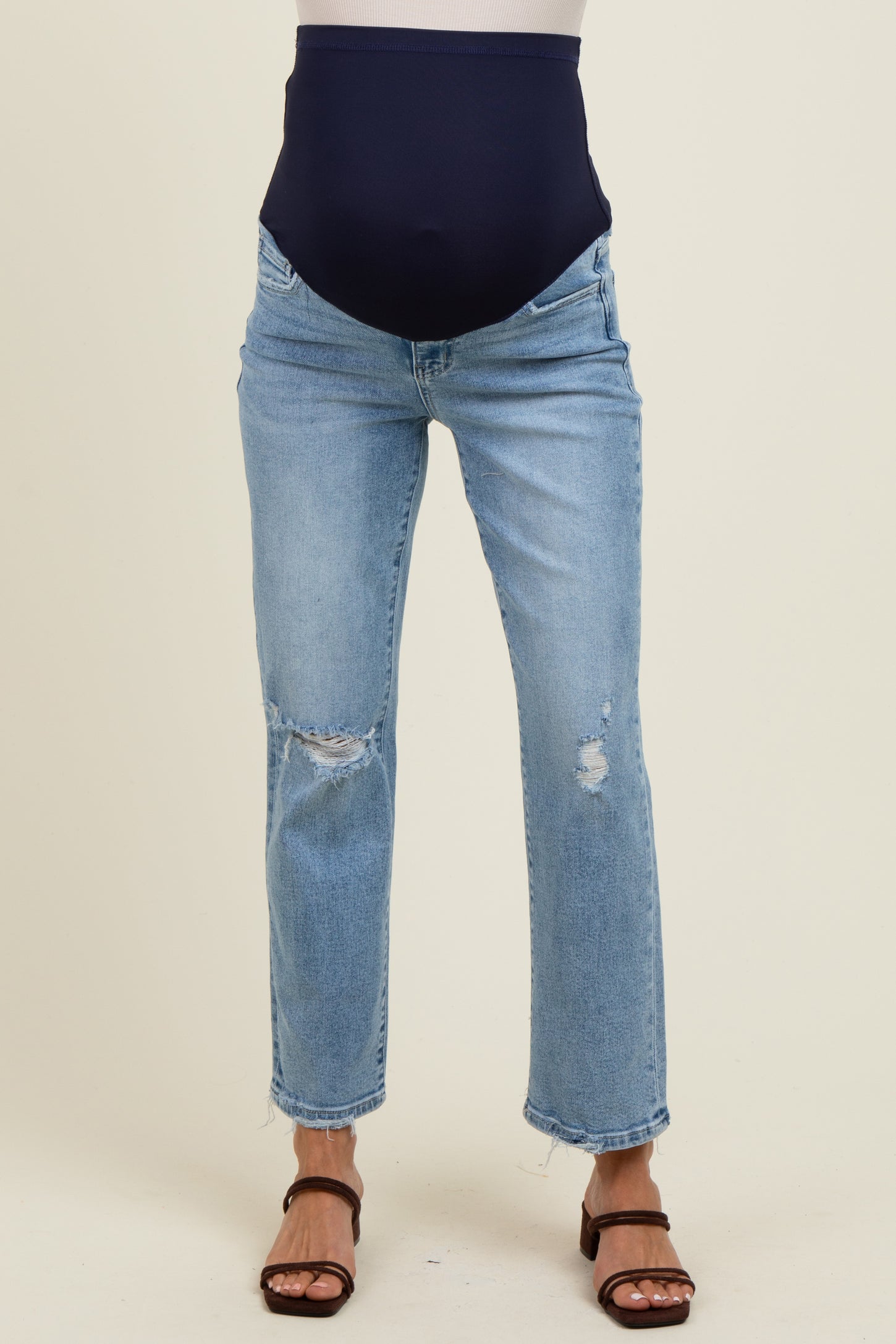 Light Blue Distressed Open Knee Ankle Straight Leg Maternity Jeans