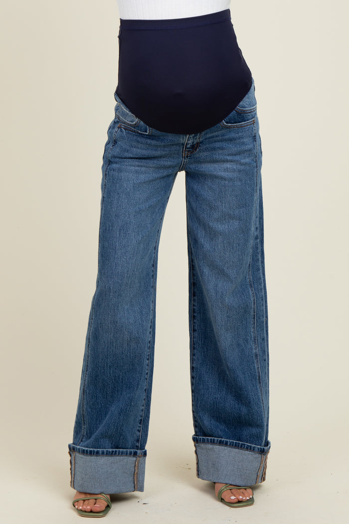 Navy Blue Cuffed Hem Baggy Wide Leg Maternity Jeans