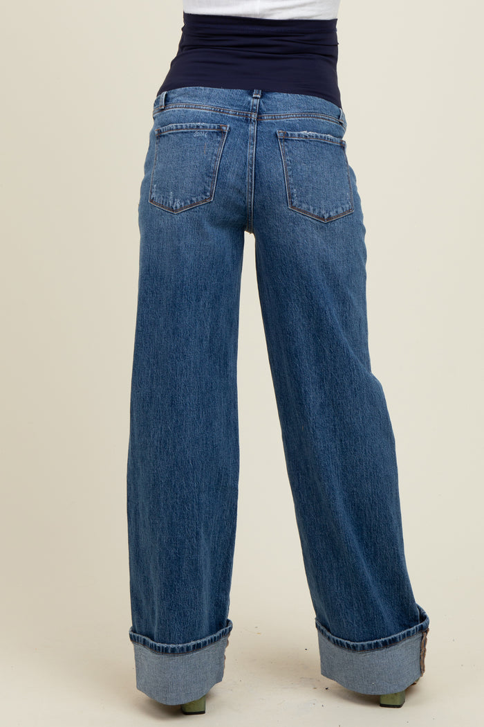Navy Blue Cuffed Hem Baggy Wide Leg Maternity Jeans