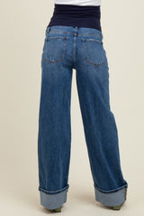 Navy Blue Cuffed Hem Baggy Wide Leg Maternity Jeans