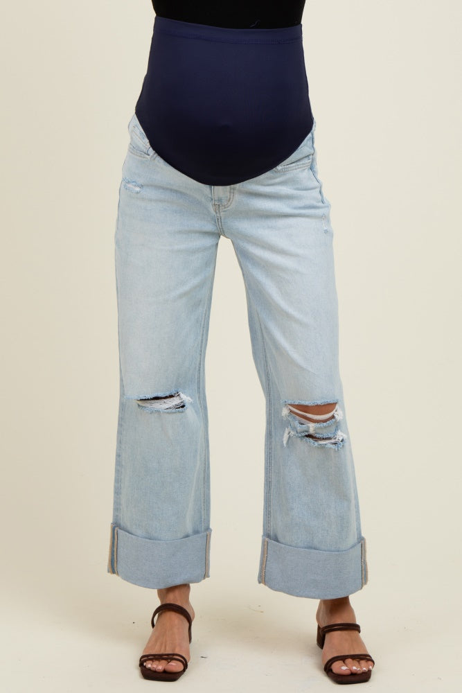 Light Blue Distressed Knee Cropped Cuffed Baggy Wide Leg Maternity Jeans