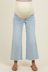 Light Blue Raw Hem Cropped Wide Leg Maternity Jeans
