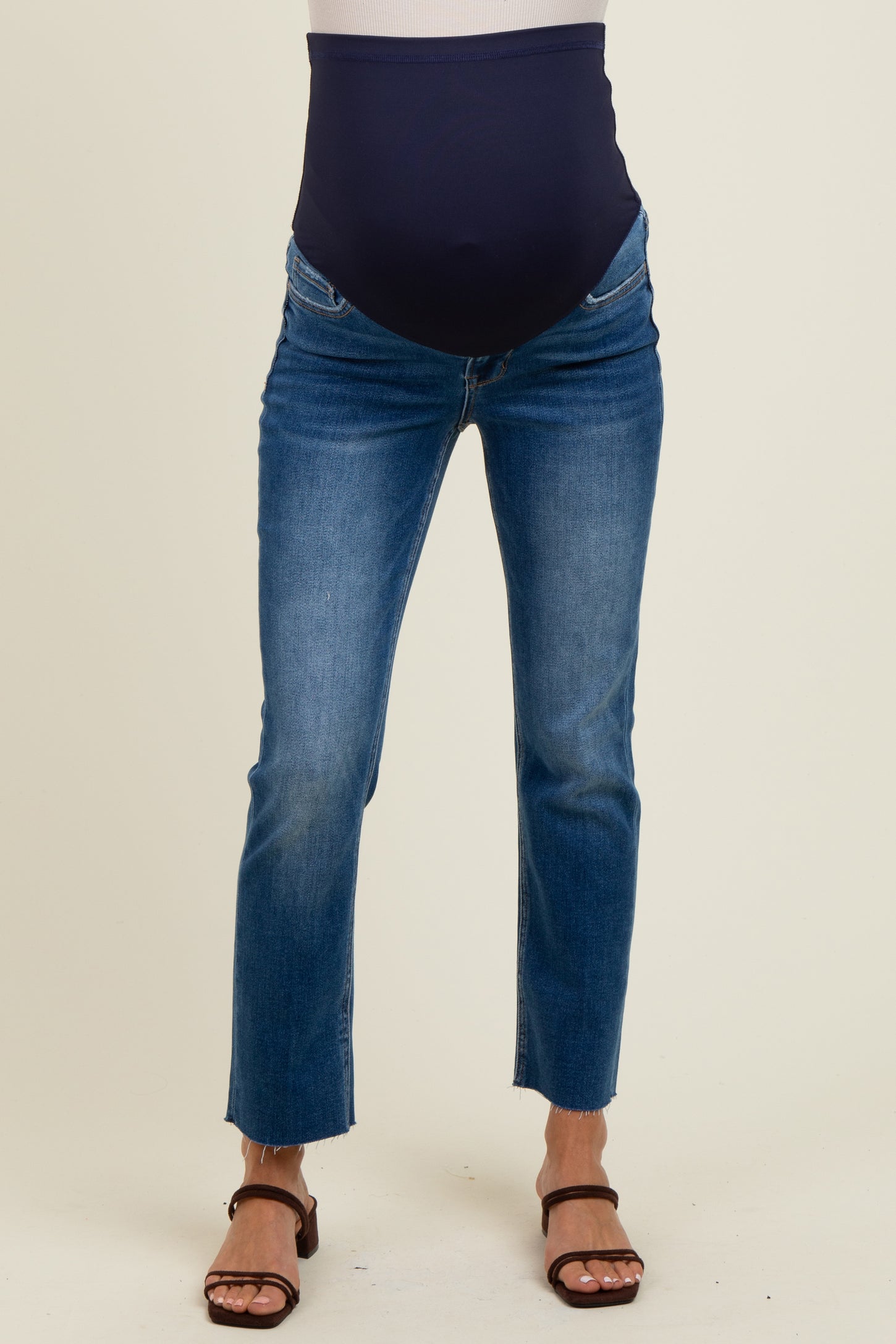 Navy Raw Hem Cropped Slim Straight Leg Maternity Jeans