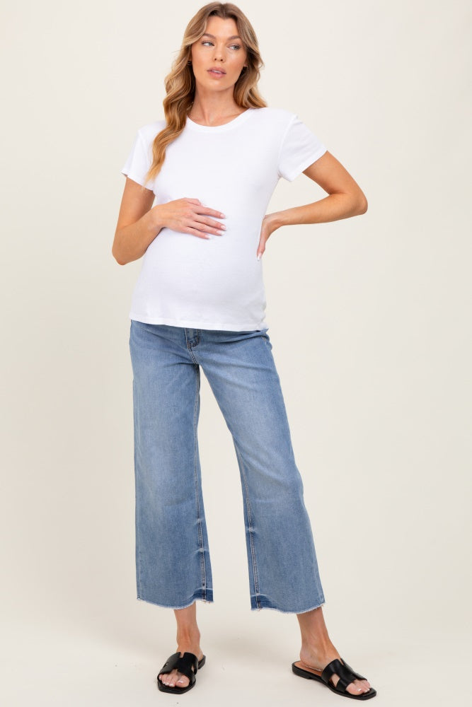 Blue Raw Hem Cropped Wide Leg Maternity Jeans