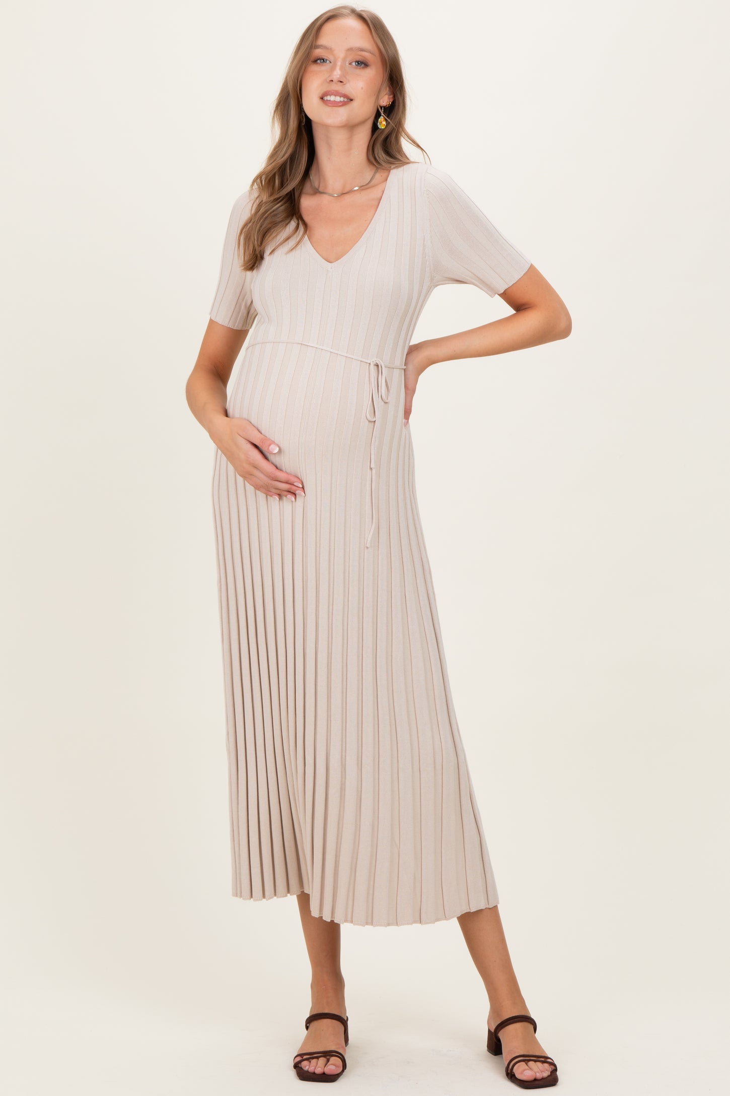 Taupe Ribbed Short Sleeve Maternity Knit Maxi Dress Taupe Ribbed Short Sleeve Maternity Knit Maxi Dress