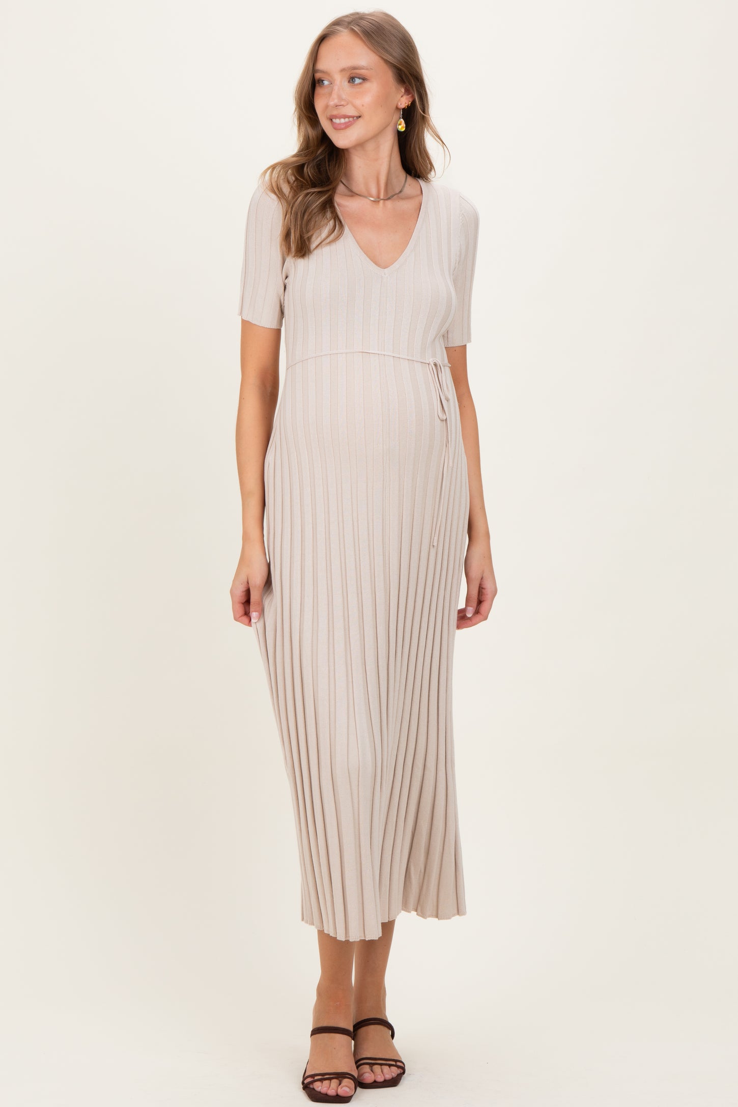 Taupe Ribbed Short Sleeve Maternity Knit Maxi Dress Taupe Ribbed Short Sleeve Maternity Knit Maxi Dress