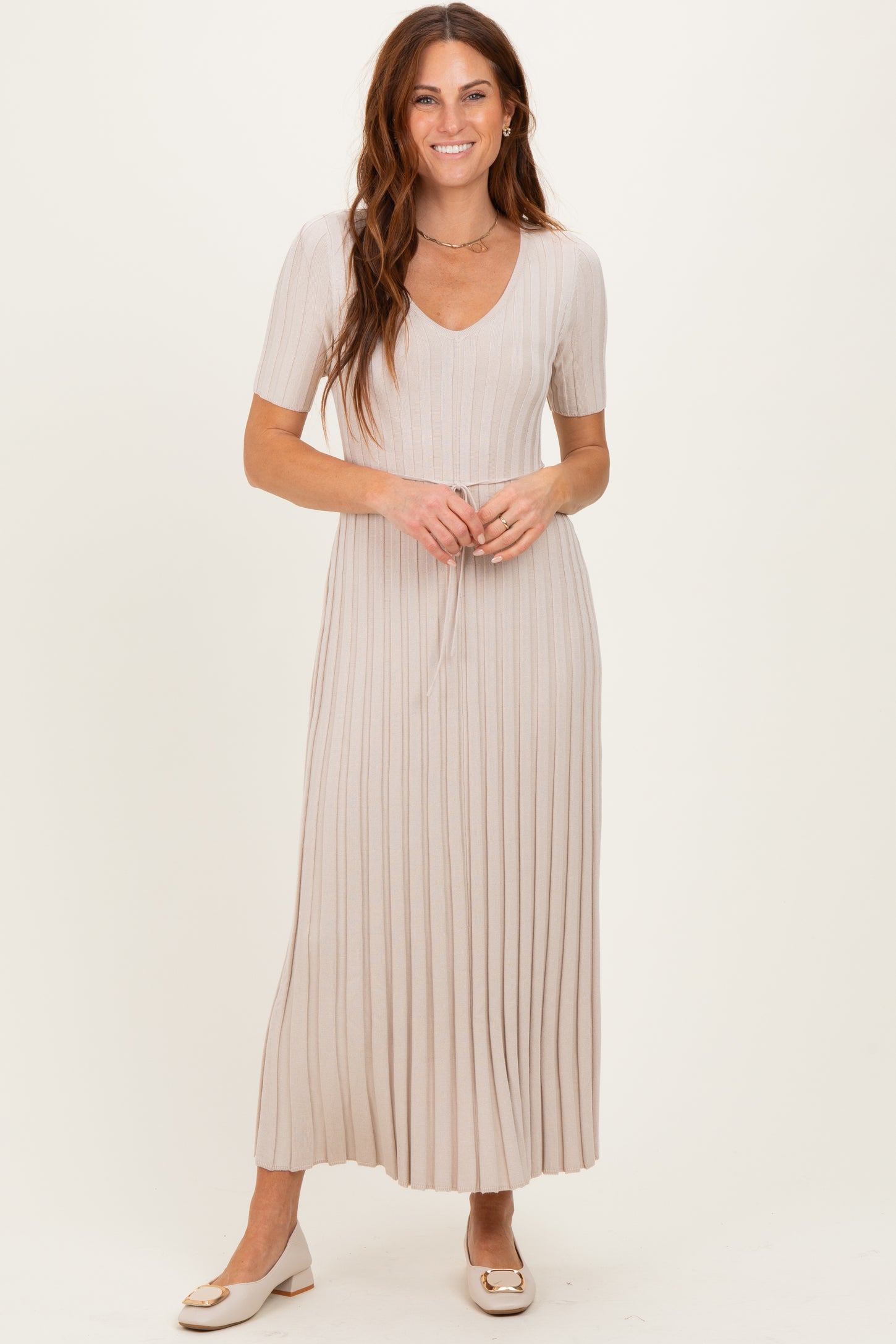 Taupe Ribbed Short Sleeve Maternity Knit Maxi Dress