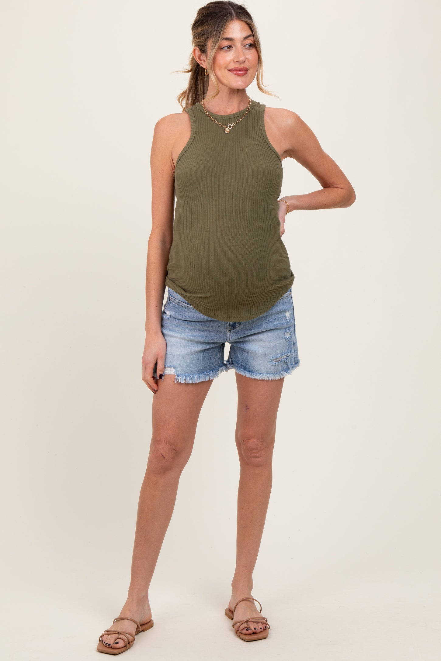 Light Blue Distressed Fringe Hem Maternity Shorts