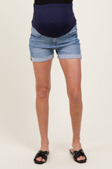 Blue Raw Hem Cuffed Maternity Jean Shorts