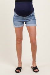 Blue Raw Hem Cuffed Maternity Jean Shorts