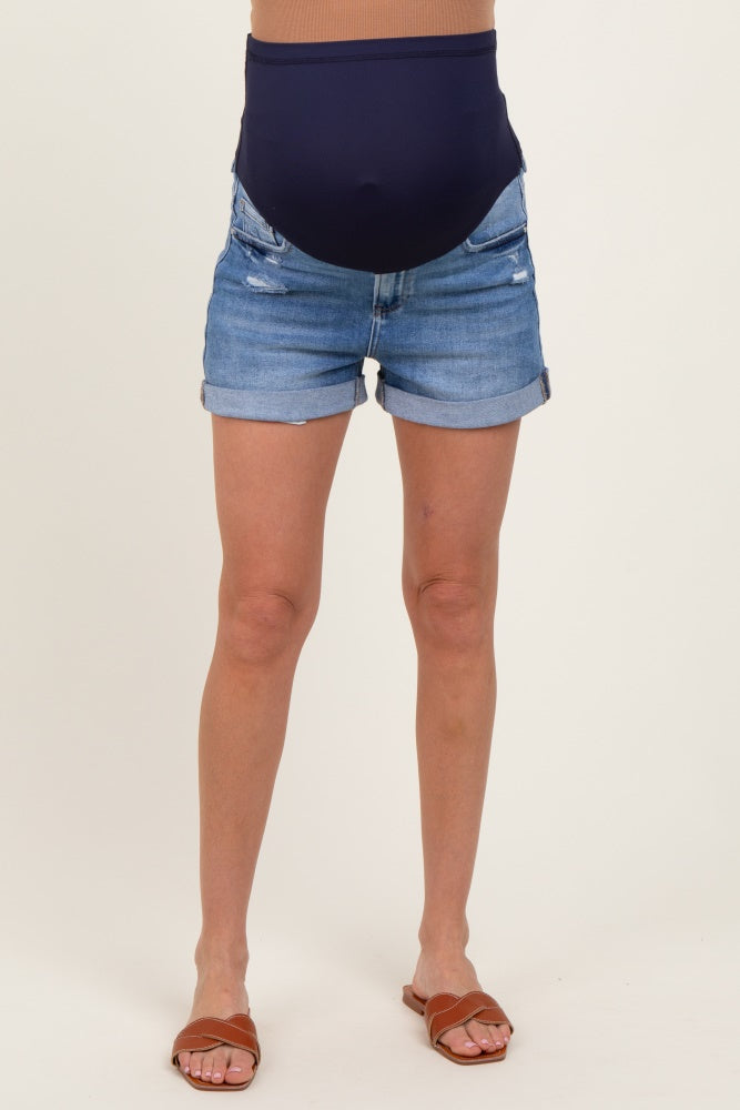 Navy Distressed Rolled Cuff Maternity Jean Shorts