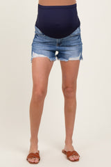 Navy Distressed Fringe Hem Maternity Jean Shorts