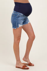Navy Distressed Fringe Hem Maternity Jean Shorts