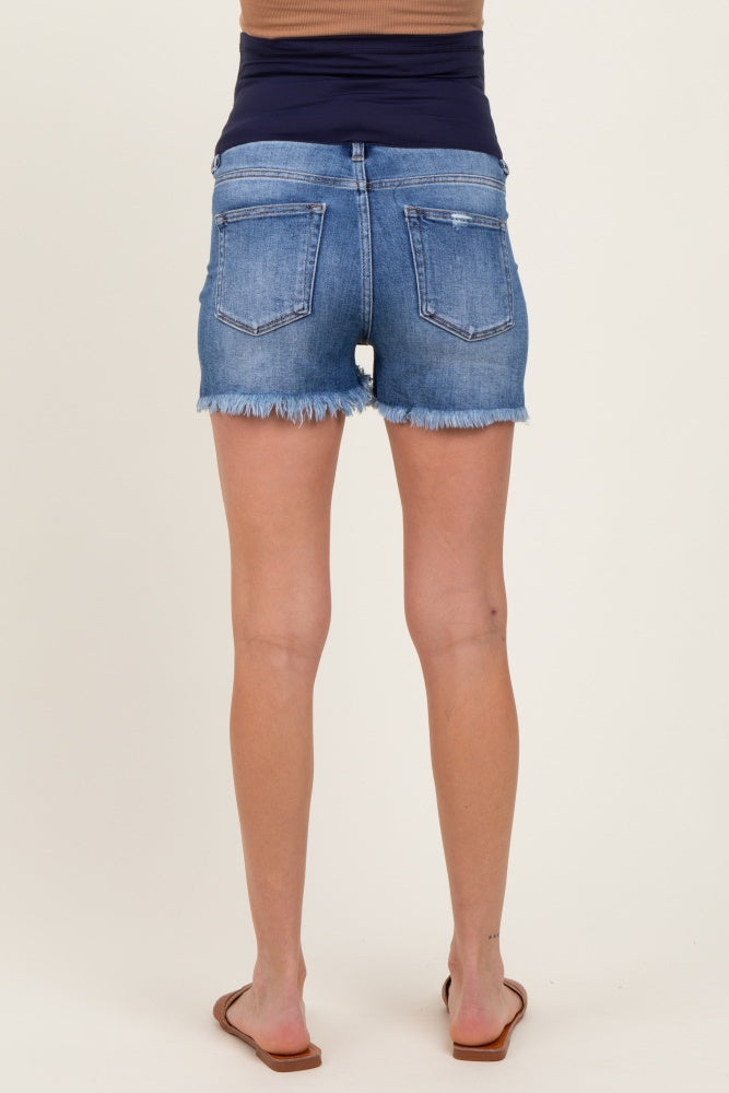Navy Distressed Fringe Hem Maternity Jean Shorts