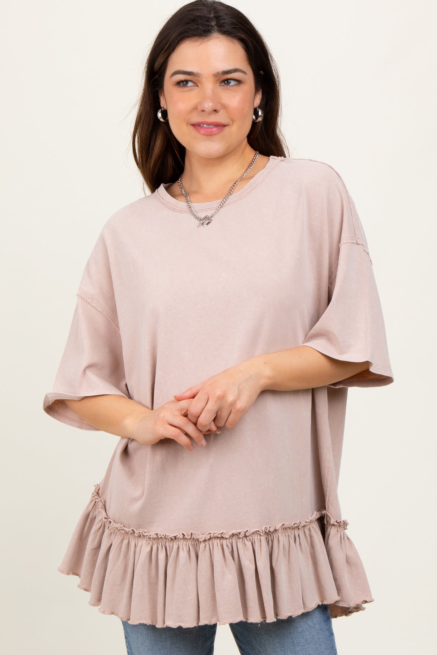 Taupe Relaxed Ruffled Tunic Maternity Top