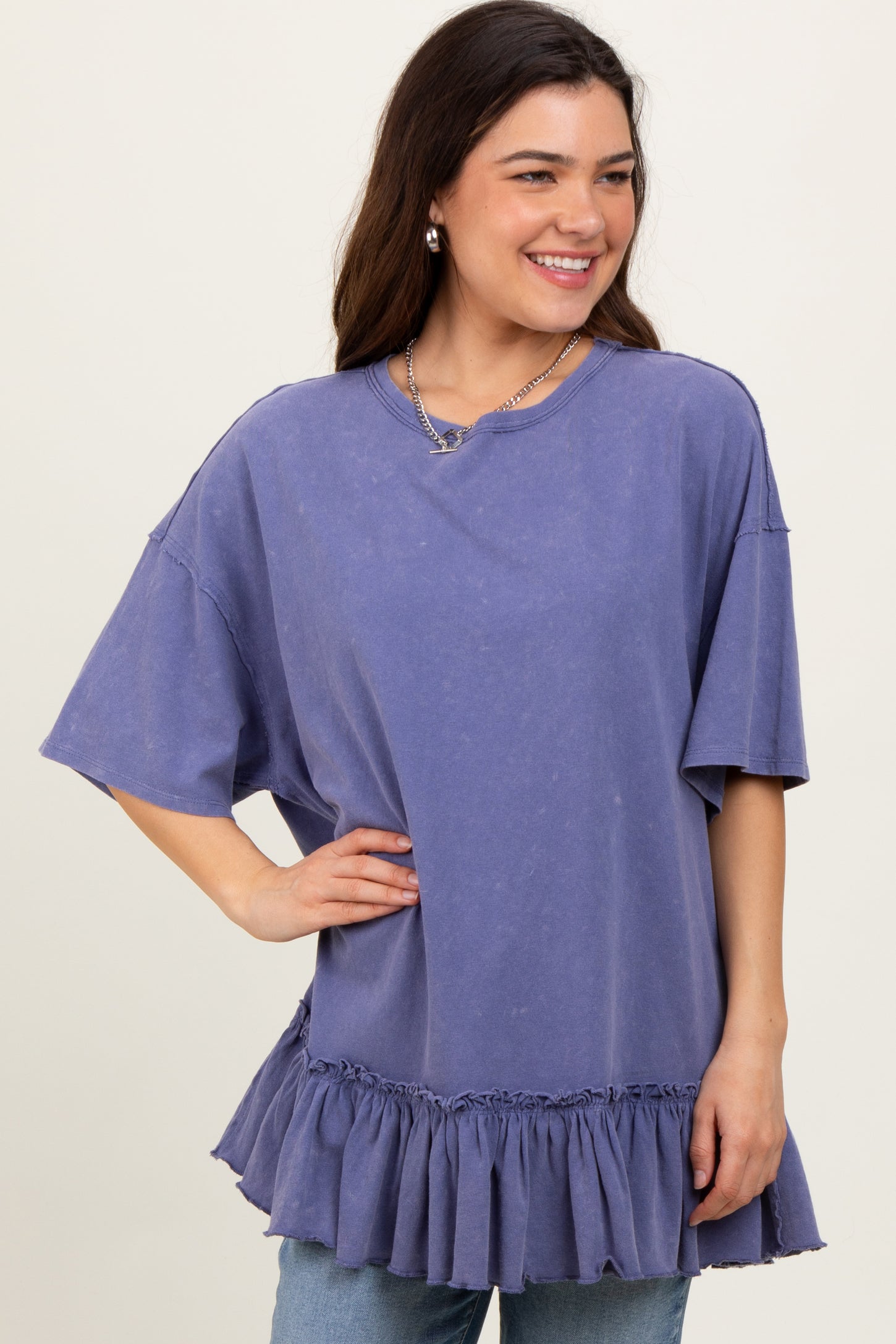 Navy Relaxed Ruffled Tunic Maternity Top