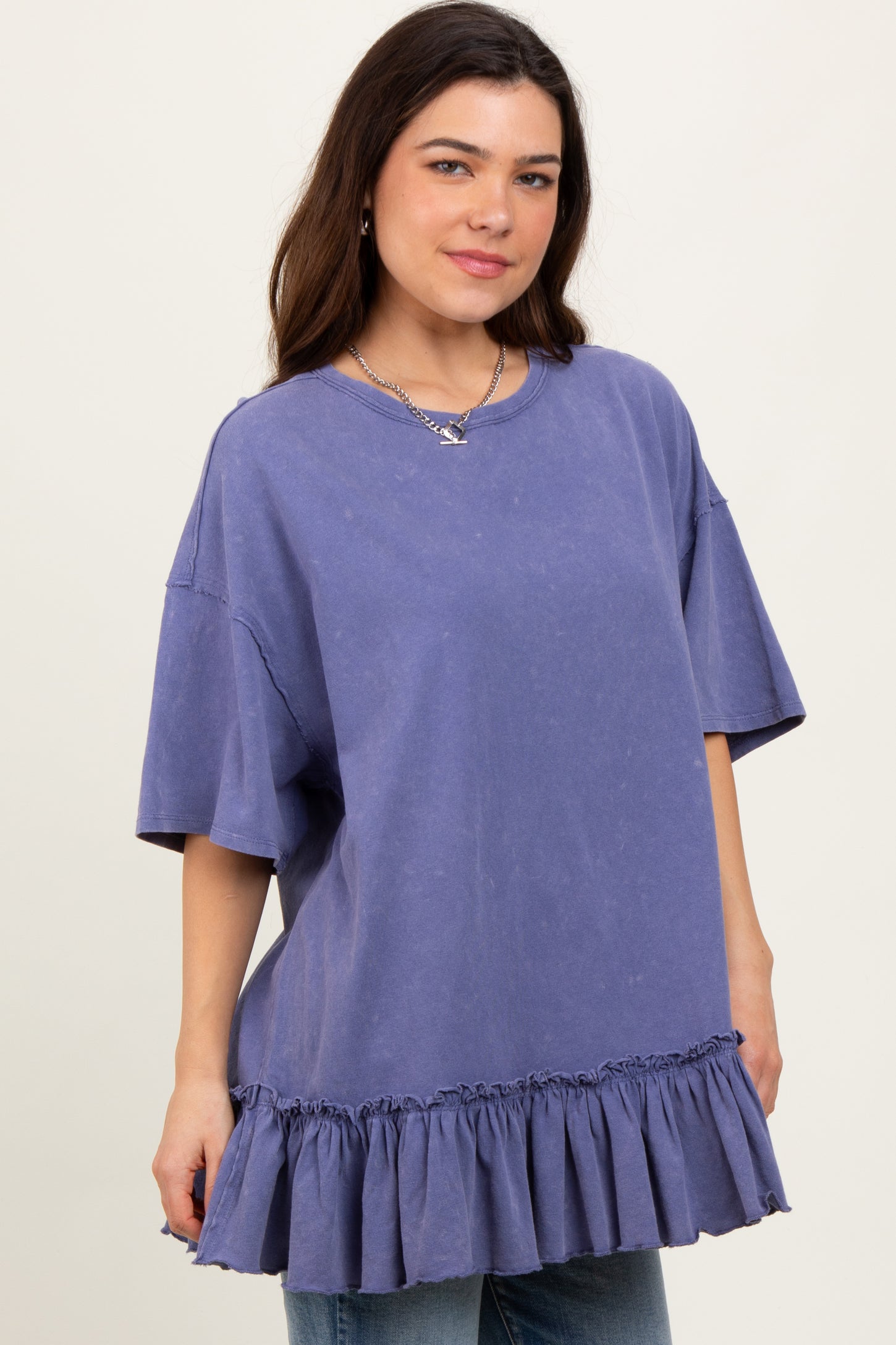 Navy Relaxed Ruffled Tunic Top