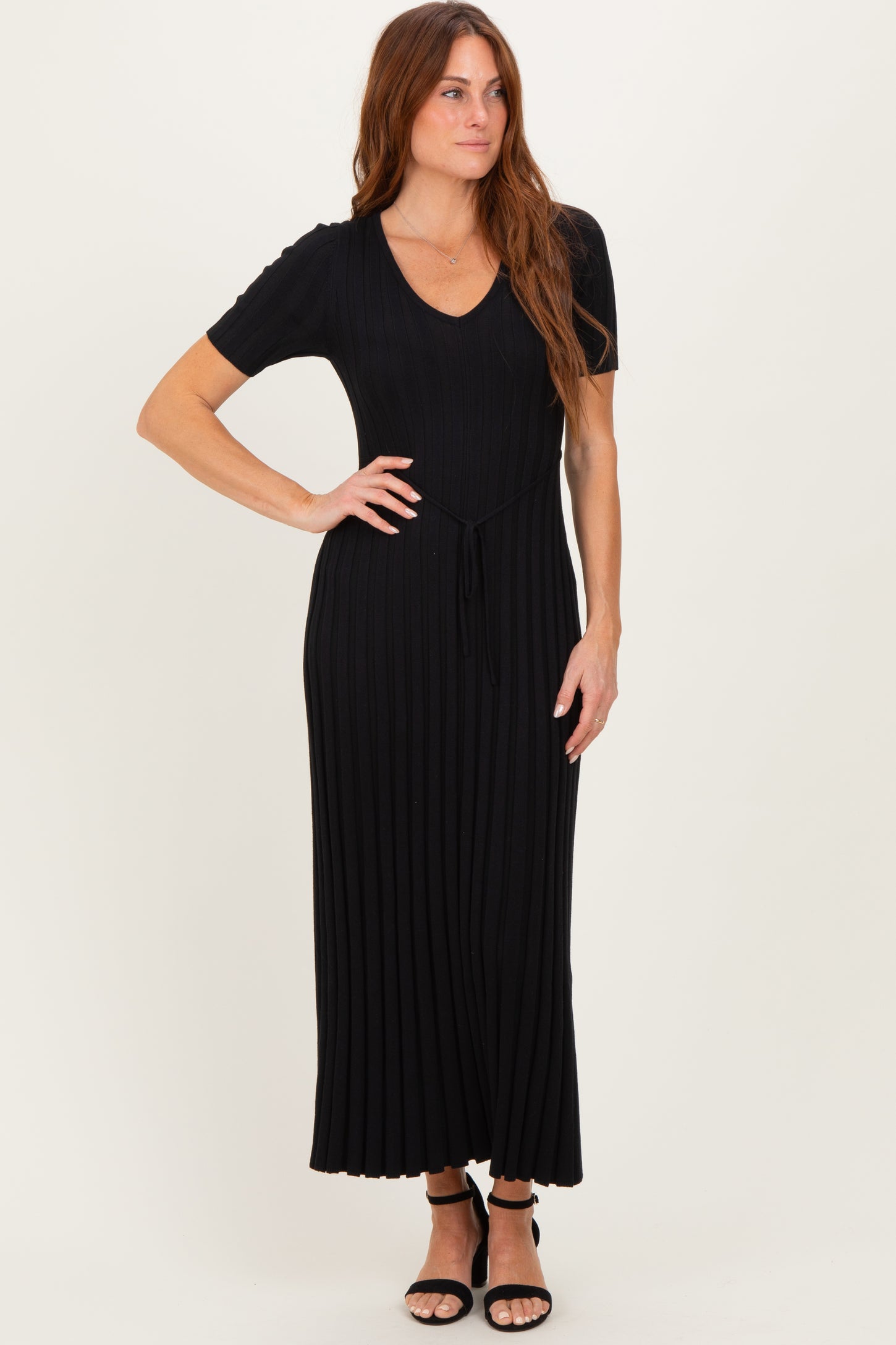Black Ribbed Short Sleeve Knit Maxi Dress