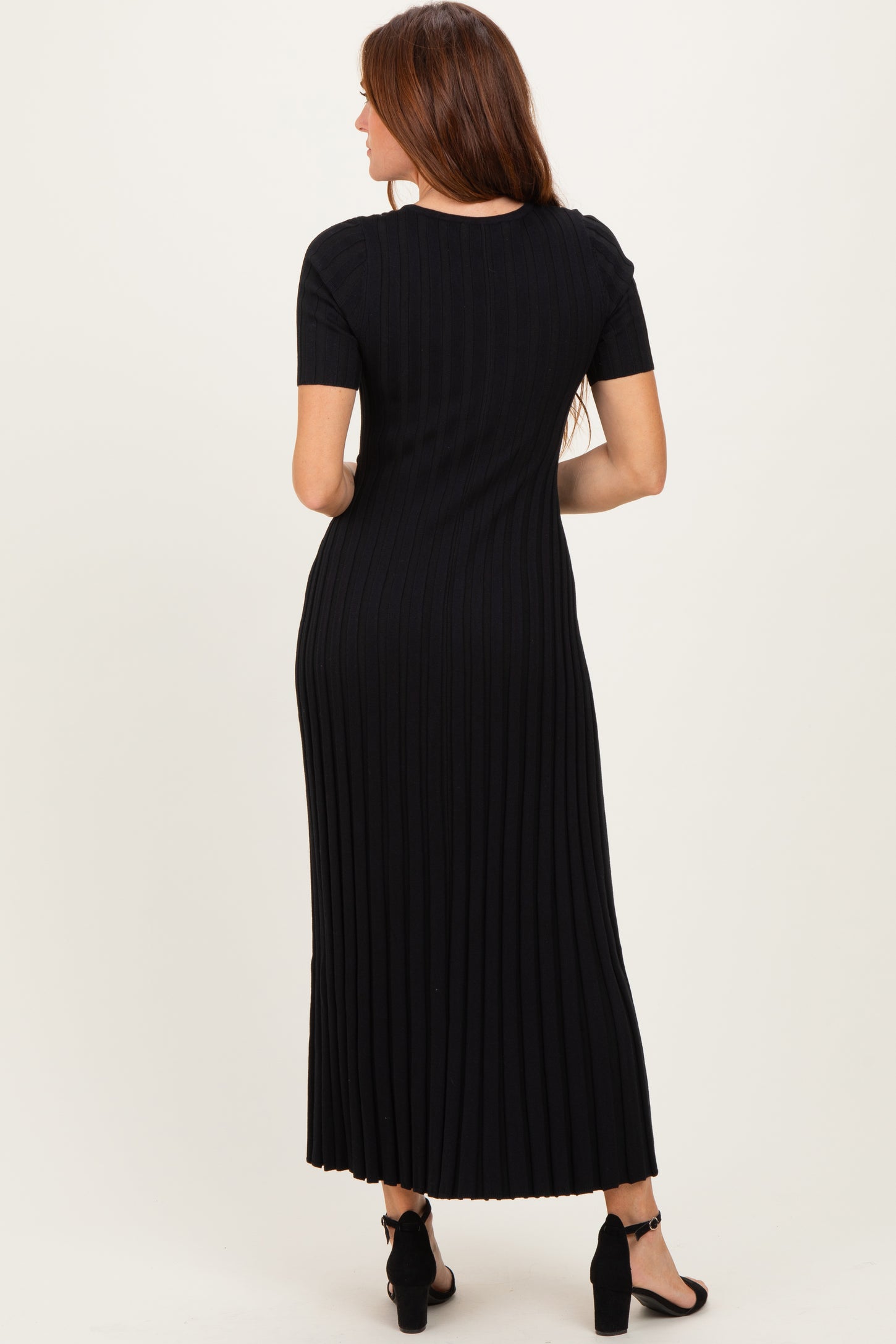 Black Ribbed Short Sleeve Knit Maxi Dress