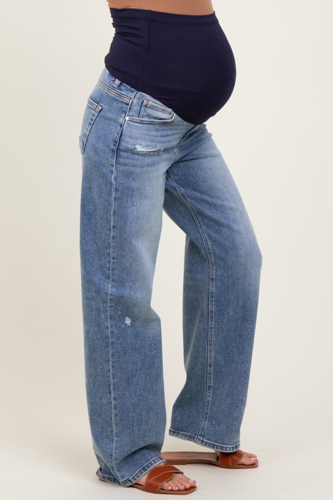 Blue Distressed Vintage Wash Wide Leg Maternity Jeans