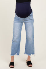 Light Blue Fringe Hem Cropped Straight Leg Maternity Jeans