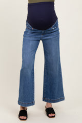 Blue Yoke Detail Ankle Wide Leg Maternity Jeans