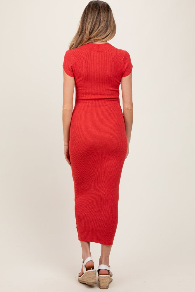 Coral Knit Square Neck Fitted Maternity Midi Dress
