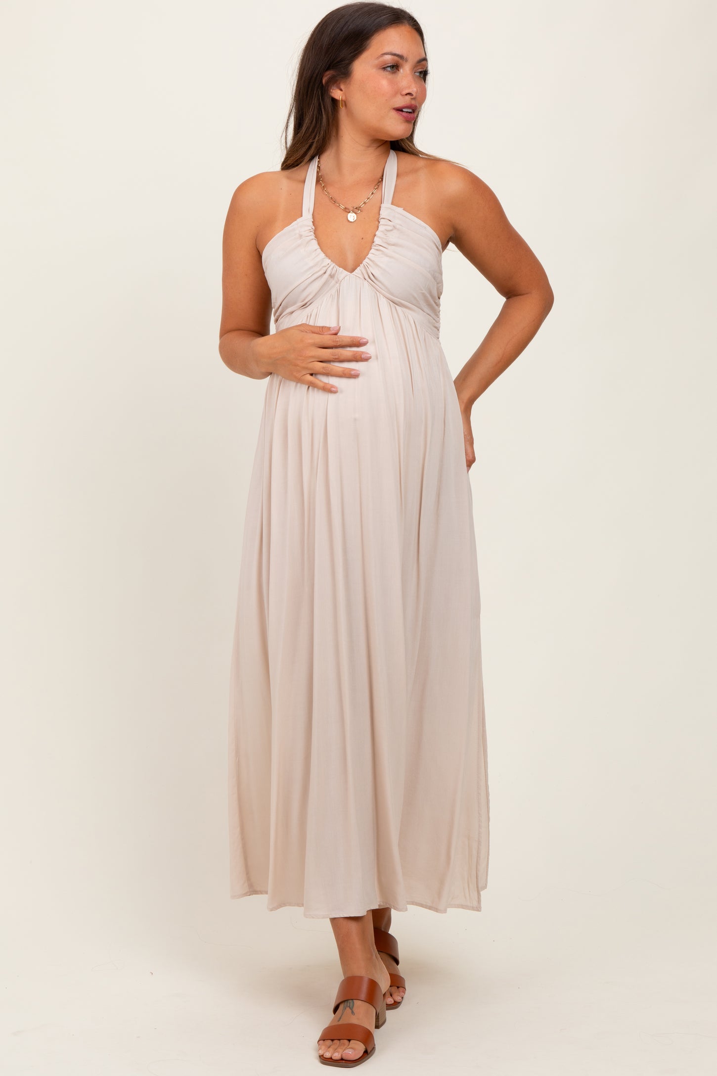 Cream Halter Neck Side Slit Maternity Midi Dress – PinkBlush