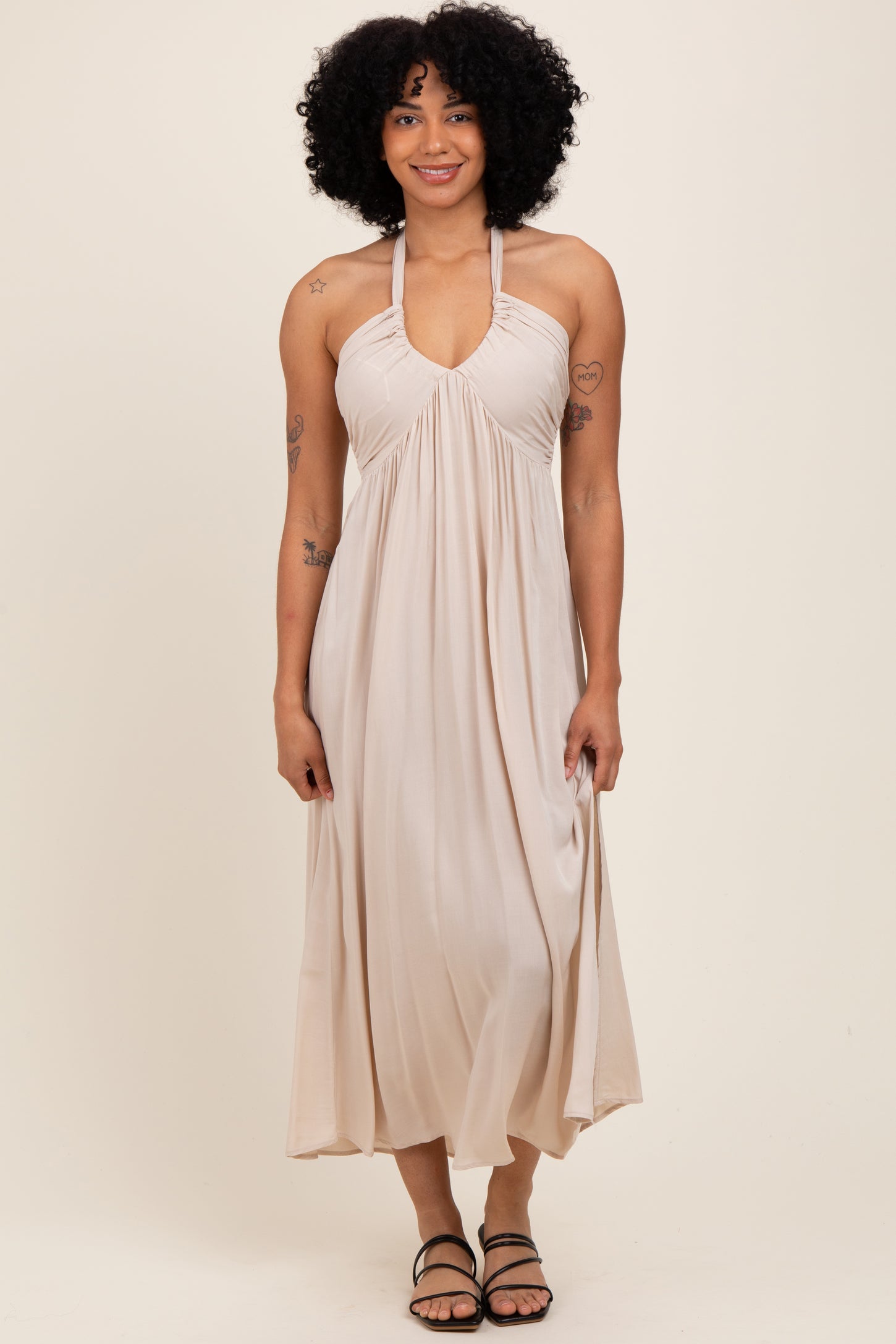 Cream Halter Neck Side Slit Midi Dress