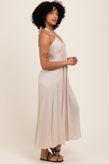 Cream Halter Neck Side Slit Midi Dress