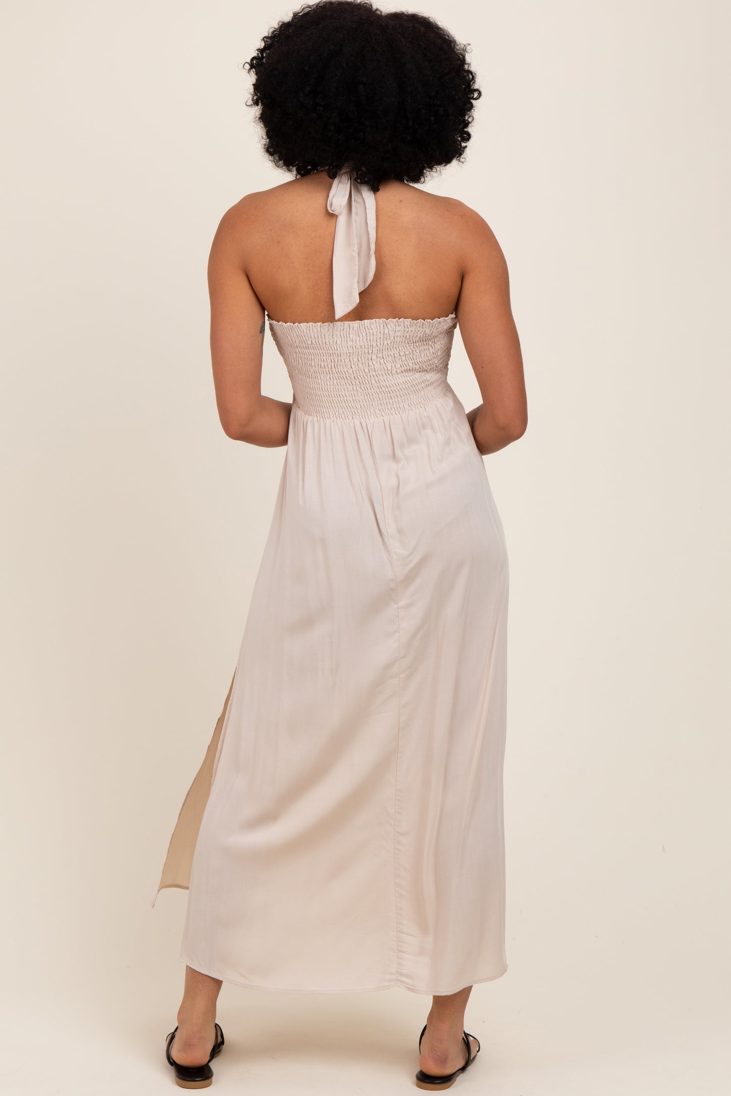 Cream Halter Neck Side Slit Midi Dress