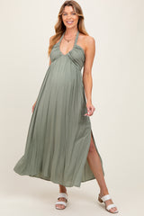 Light Olive Halter Neck Side Slit Maternity Midi Dress