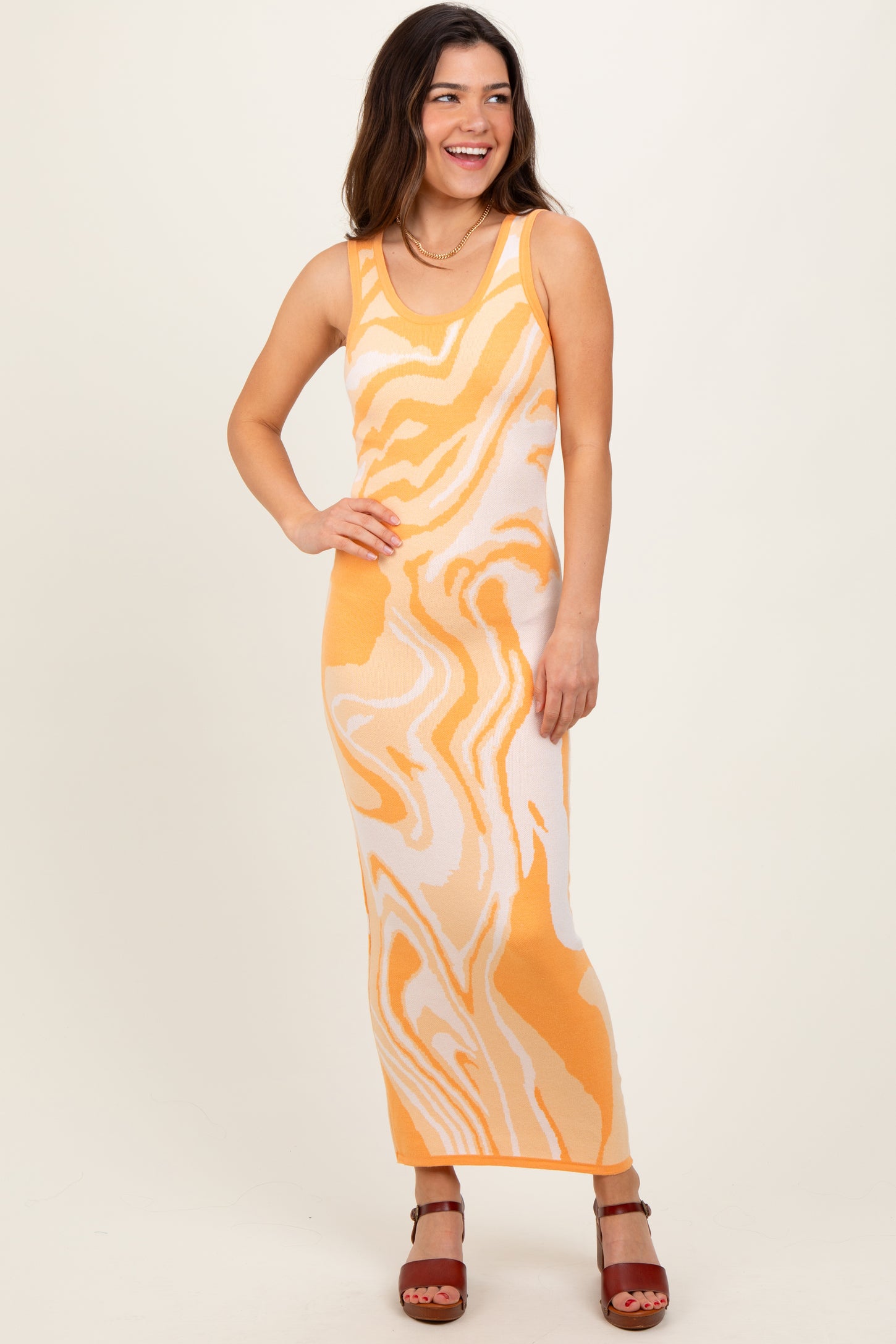 Yellow Abstract Print Knit Fitted Midi Dress PinkBlush Yellow Abstract Print Knit Fitted Midi Dress PinkBlush