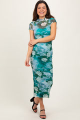 Green Floral Mesh Overlay Fitted Maxi Dress